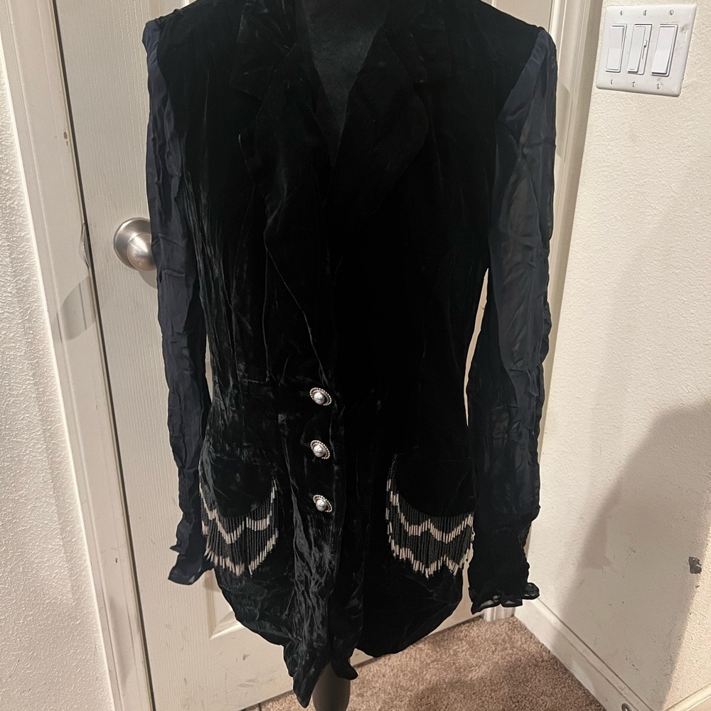 Vtg Dorothy Schoelen Black Velour Beaded Tassels Sheer Sleeves Jacket